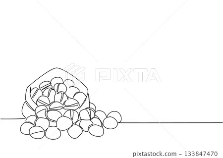 Single continuous line drawing walnuts in a paper bag and some scattered. Tens or even hundreds of walnuts from the harvest. High in nutrition. National Walnut Day. One line design vector illustration 133847470
