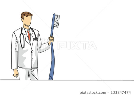 Single one line drawing male doctor in full medical attire holding big toothbrush. Provides directions on how to brush teeth properly. National Dentist Day. Continuous line design graphic illustration 133847474