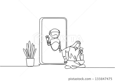 Continuous one line drawing Arab man sits cross legged holds smartphone and big smartphone with robot. Advanced tech. International Virtual Assistants Day. Single line draw design vector illustration 133847475