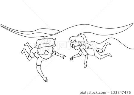 Single one line drawing boys and girls using swimming goggles for diving. Two brothers and sisters in the swimming pool. Newbie. National Learn to Swim Day. Continuous line design graphic illustration 133847476