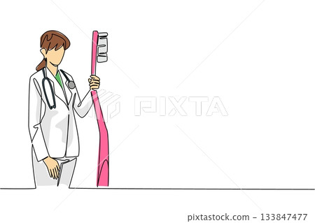 Continuous one line drawing female doctor in full medical attire holding big toothbrush. A brief explanation from a specialist doctor. National Dentist Day. Single line draw design vector illustration 133847477