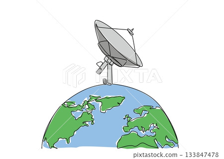 Single continuous line drawing half globe with satellite receiver on top. Receiving signals from outer space. World Telecommunication and Information Society Day. One line design vector illustration Single continuous line drawing half globe with satellite receiver on top. Receiving signals from outer space. World Telecommunication and Information Society Day. One line design vector illustration 133847478