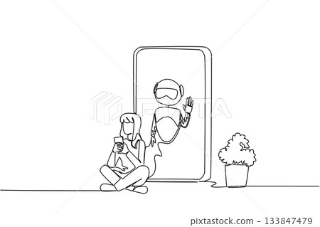 Single continuous line drawing woman sits cross legged holds a smartphone and big smartphone with robot. Customer care. Help. International Virtual Assistants Day. One line design vector illustration Single continuous line drawing woman sits cross legged holds a smartphone and big smartphone with robot. Customer care. Help. International Virtual Assistants Day. One line design vector illustration 133847479
