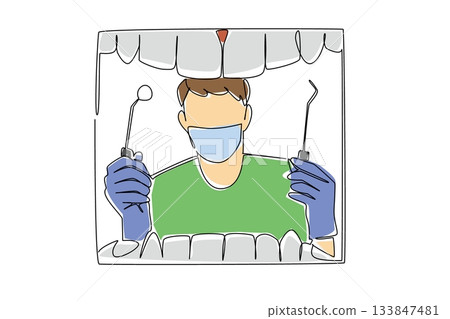 Single continuous line drawing rows of teeth and male dentist in a mask in gloves, holds a mirror and a pry tool. Tooth extraction procedure. National Dentist Day. One line design vector illustration 133847481