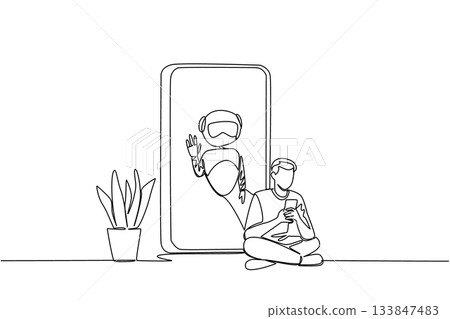 Single one line drawing man sits cross legged holds a smartphone and big smartphone with robot. Consumer convenience. International Virtual Assistants Day. Continuous line design graphic illustration Single one line drawing man sits cross legged holds a smartphone and big smartphone with robot. Consumer convenience. International Virtual Assistants Day. Continuous line design graphic illustration 133847483