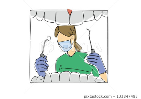 Continuous one line drawing rows of teeth and a female dentist in a mask in gloves, holding a mirror and a pry tool. Clean tartar. National Dentist Day. Single line draw design vector illustration 133847485