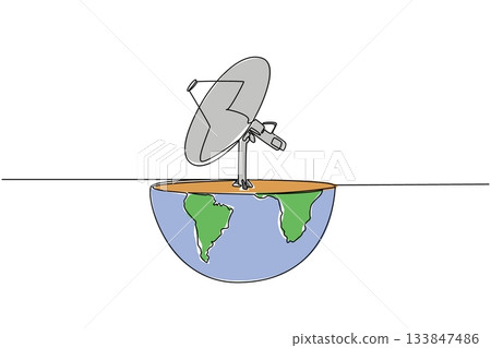 Single continuous line drawing half globe cut with satellite receiver on top. Stable signal from space. Tech. World Telecommunication and Information Society Day. One line design vector illustration Single continuous line drawing half globe cut with satellite receiver on top. Stable signal from space. Tech. World Telecommunication and Information Society Day. One line design vector illustration 133847486