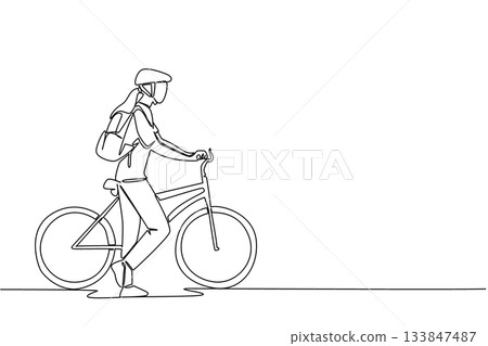 Continuous one line drawing businesswoman with bicycle helmet, carrying backpack and pushing her bicycle. Take a break. Biker. National Bike to Work Day. Single line draw design vector illustration 133847487
