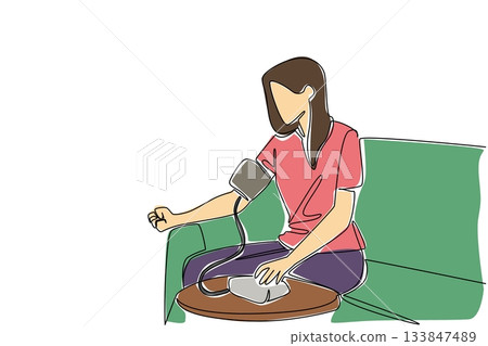 Continuous one line drawing a woman in casual clothes sitting on a sofa and measuring her blood pressure. Health conscious. Check. World Hypertension Day. Single line draw design vector illustration Continuous one line drawing a woman in casual clothes sitting on a sofa and measuring her blood pressure. Health conscious. Check. World Hypertension Day. Single line draw design vector illustration 133847489