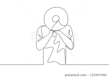 Single one line drawing man holding megaphone with both hands, and his head covered by megaphone. Loudness aids. Announce. Speech. National Be Heard Day. Continuous line design graphic illustration Single one line drawing man holding megaphone with both hands, and his head covered by megaphone. Loudness aids. Announce. Speech. National Be Heard Day. Continuous line design graphic illustration 133847490