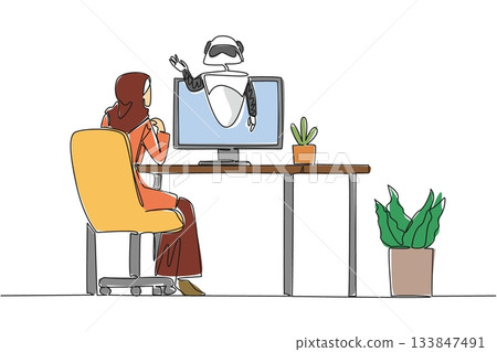 Single continuous line drawing Arab woman sits facing monitor that comes out of robot on work desk. Ask AI about work. Help. International Virtual Assistants Day. One line design vector illustration 133847491