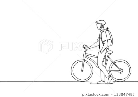 Single continuous line drawing businessman with bicycle helmet, carrying backpack and pushing his bicycle. Take a walk, take a break. National Bike to Work Day. One line design vector illustration 133847495