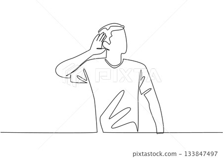 Continuous one line drawing man in casual clothes puts his hand behind his ear. A mocking gesture. Like a goal celebration. No sound. National Be Heard Day. Single line draw design vector illustration 133847497