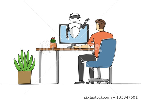 Single one line drawing man sits facing monitor that comes out of robot on work desk. Very sophisticated modern era. International Virtual Assistants Day. Continuous line design graphic illustration 133847501
