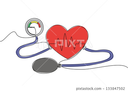 Single continuous line drawing heart pulse graph in center of the heart with pump and blood pressure meter at both ends. Medical checkup. World Hypertension Day. One line design vector illustration Single continuous line drawing heart pulse graph in center of the heart with pump and blood pressure meter at both ends. Medical checkup. World Hypertension Day. One line design vector illustration 133847502