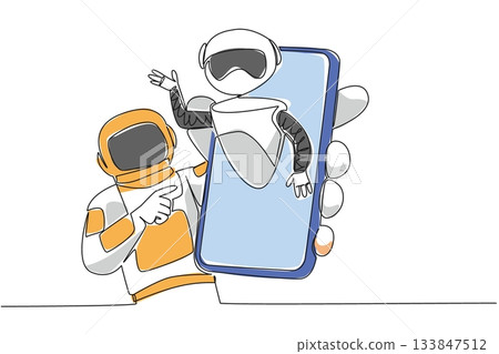 Single continuous line drawing astronaut holds smartphone with robot comes out of screen. Curiosity about space exploration. International Virtual Assistants Day. One line design vector illustration Single continuous line drawing astronaut holds smartphone with robot comes out of screen. Curiosity about space exploration. International Virtual Assistants Day. One line design vector illustration 133847512