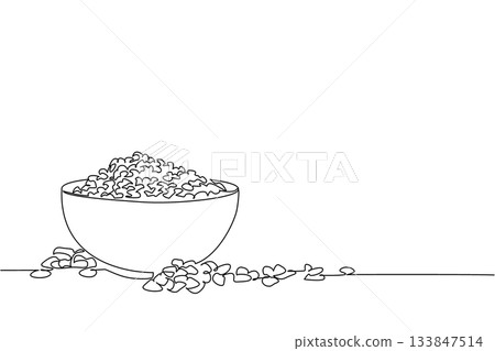Single continuous line drawing cereal in a wooden bowl and a large spoon. Serving cereal in a bowl until it spills all over the floor. Diet. National Cereal Day. One line design vector illustration Single continuous line drawing cereal in a wooden bowl and a large spoon. Serving cereal in a bowl until it spills all over the floor. Diet. National Cereal Day. One line design vector illustration 133847514