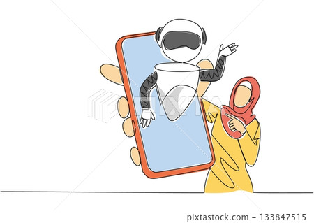 Single one line drawing Arab woman holds smartphone with robot coming out of screen. Explore the latest smartphones. International Virtual Assistants Day. Continuous line design graphic illustration Single one line drawing Arab woman holds smartphone with robot coming out of screen. Explore the latest smartphones. International Virtual Assistants Day. Continuous line design graphic illustration 133847515