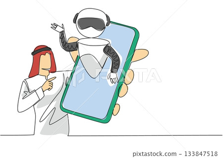Single one line drawing Arab man holding a smartphone with a robot coming out of the screen. Customer convenience. International Virtual Assistants Day. Continuous line design graphic illustration 133847518