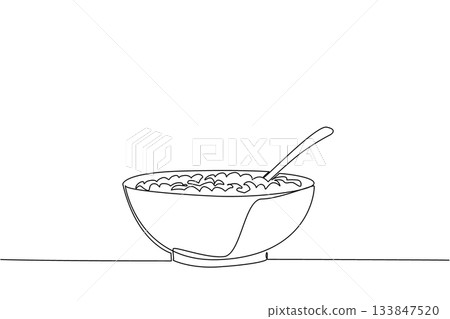 Continuous one line drawing cereal in a bowl with a spoon. Add milk to make breakfast healthier. Breakfast before activities. Tasty. National Cereal Day. Single line draw design vector illustration Continuous one line drawing cereal in a bowl with a spoon. Add milk to make breakfast healthier. Breakfast before activities. Tasty. National Cereal Day. Single line draw design vector illustration 133847520