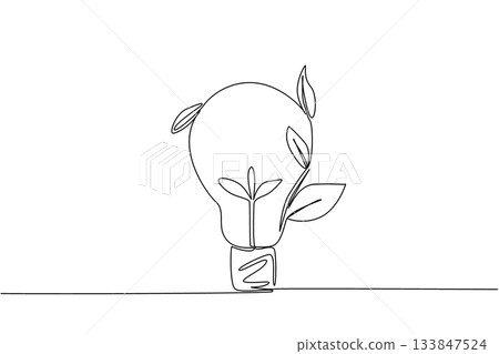 Single one line drawing bulb lamp with leaves on the side. Energy symbolization can coexist with nature. Environmentally friendly. World Plant Power Day. Continuous line design graphic illustration 133847524