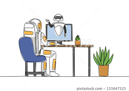 Single continuous line drawing astronaut faces monitor and from monitor screen a robot comes out. Astronaut asking for help. International Virtual Assistants Day. One line design vector illustration 133847525