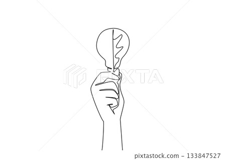 Single one line drawing a hand holding leaf shaped like a bulb lamp. The need for energy and protecting nature are equally important. World Plant Power Day. Continuous line design graphic illustration Single one line drawing a hand holding leaf shaped like a bulb lamp. The need for energy and protecting nature are equally important. World Plant Power Day. Continuous line design graphic illustration 133847527