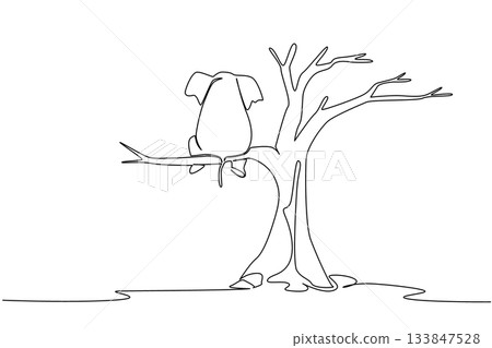 Single one line drawing elephant sitting on large dry tree branch. Massive poaching targets ivory. Climate change. Extinct. National Endangered Species Day. Continuous line design graphic illustration Single one line drawing elephant sitting on large dry tree branch. Massive poaching targets ivory. Climate change. Extinct. National Endangered Species Day. Continuous line design graphic illustration 133847528