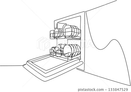 Single continuous line drawing rows of plates, bowls, glasses, mugs in an open dishwasher. Clean and neat kitchen layout. Modern. National No Dirty Dishes Day. One line design vector illustration Single continuous line drawing rows of plates, bowls, glasses, mugs in an open dishwasher. Clean and neat kitchen layout. Modern. National No Dirty Dishes Day. One line design vector illustration 133847529