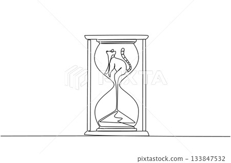 Single continuous line drawing lower body of the lemur is sucked by the sand in the hourglass. The forest is severely damaged. National Endangered Species Day. One line design vector illustration 133847532