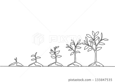 Continuous one line drawing 5 phases of tree growth with soil mounds. Symbolism of new and renewable energy. Protect the environment. World Plant Power Day. Single line draw design vector illustration 133847535