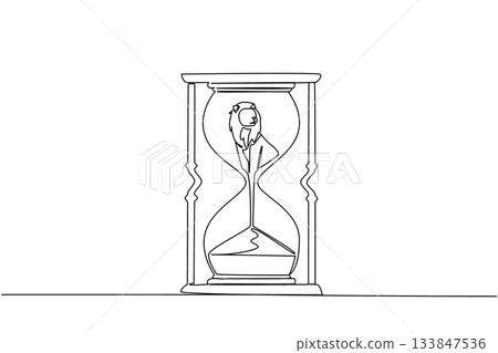 Continuous one line drawing lower body of the lion is sucked by the sand in the hourglass. Significant reduction in prey. National Endangered Species Day. Single line draw design vector illustration 133847536