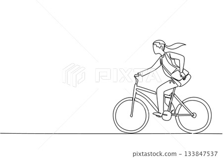 Single one line drawing businesswoman in blazer riding a bicycle while carrying a briefcase. High speed mode. Lifestyle. Biker. National Bike to Work Day. Continuous line design graphic illustration 133847537