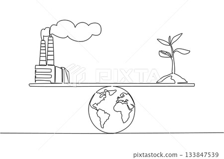 Single continuous line drawing scales with tree shoots and mounds of earth and on the other side a polluted air factory. Balance of nature. World Plant Power Day. One line design vector illustration Single continuous line drawing scales with tree shoots and mounds of earth and on the other side a polluted air factory. Balance of nature. World Plant Power Day. One line design vector illustration 133847539