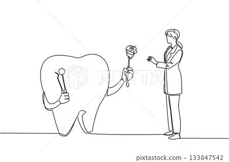 Continuous one line drawing big teeth have hands giving roses to female doctors. Symbolism of gratitude. Maintaining oral health. National Dentist Day. Single line draw design vector illustration Continuous one line drawing big teeth have hands giving roses to female doctors. Symbolism of gratitude. Maintaining oral health. National Dentist Day. Single line draw design vector illustration 133847542