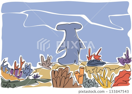 Single continuous line drawing rear view, hammerhead shark sits on coral reef. Environmental degradation. Loss of natural habitats. National Endangered Species Day. One line design vector illustration Single continuous line drawing rear view, hammerhead shark sits on coral reef. Environmental degradation. Loss of natural habitats. National Endangered Species Day. One line design vector illustration 133847543