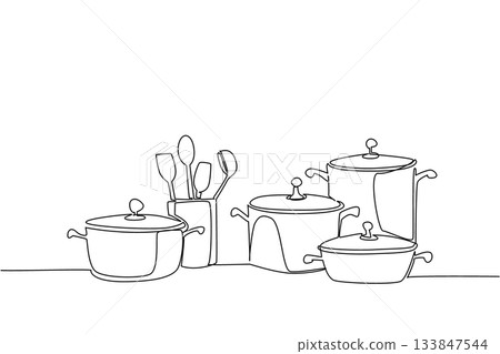 Single one line drawing stack of clean pots and ladles. Collection of cooking tools. Makes every cooking easier. Equipment. National No Dirty Dishes Day. Continuous line design graphic illustration 133847544