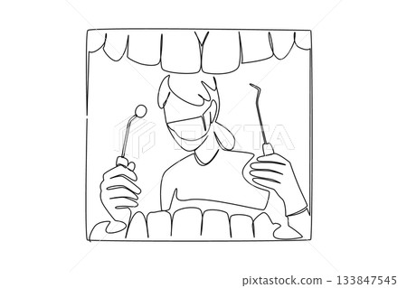Continuous one line drawing rows of teeth and a female dentist in a mask in gloves, holding a mirror and a pry tool. Clean tartar. National Dentist Day. Single line draw design vector illustration Continuous one line drawing rows of teeth and a female dentist in a mask in gloves, holding a mirror and a pry tool. Clean tartar. National Dentist Day. Single line draw design vector illustration 133847545