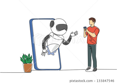 Continuous one line drawing man stands holds a smartphone and robot comes out of big smartphone. Chat with chatbot. International Virtual Assistants Day. Single line draw design vector illustration Continuous one line drawing man stands holds a smartphone and robot comes out of big smartphone. Chat with chatbot. International Virtual Assistants Day. Single line draw design vector illustration 133847546