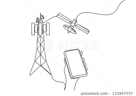 Continuous one line drawing hand holds smartphone and pointing at transmitter tower. Progress of times. World Telecommunication and Information Society Day. Single line draw design vector illustration 133847557