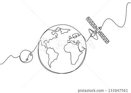 Single continuous line drawing globe with satellite on it. Technology for human convenience. Science. Digital. World Telecommunication and Information Society Day. One line design vector illustration 133847561