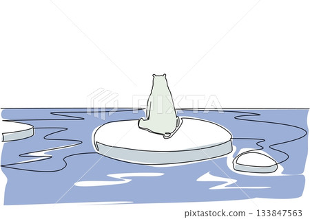 Continuous one line drawing polar bear sitting on a piece of ice. Human behavior creates global warming. Habitat loss. National Endangered Species Day. Single line draw design vector illustration Continuous one line drawing polar bear sitting on a piece of ice. Human behavior creates global warming. Habitat loss. National Endangered Species Day. Single line draw design vector illustration 133847563