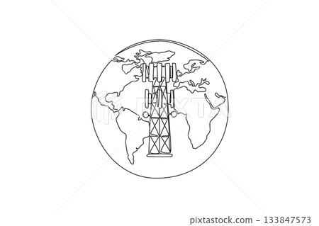 Continuous one line drawing full globe with a transmitter tower in the middle. Communication tower. World Telecommunication and Information Society Day. Single line draw design vector illustration 133847573