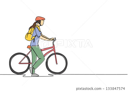 Continuous one line drawing businesswoman with bicycle helmet, carrying backpack and pushing her bicycle. Take a break. Biker. National Bike to Work Day. Single line draw design vector illustration 133847574
