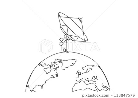 Single continuous line drawing half globe with satellite receiver on top. Receiving signals from outer space. World Telecommunication and Information Society Day. One line design vector illustration Single continuous line drawing half globe with satellite receiver on top. Receiving signals from outer space. World Telecommunication and Information Society Day. One line design vector illustration 133847579