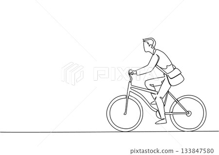 Single continuous line drawing businessman in suit and tie riding a bicycle while carrying a briefcase. Keep fit. Stay healthy. Biker. National Bike to Work Day. One line design vector illustration 133847580