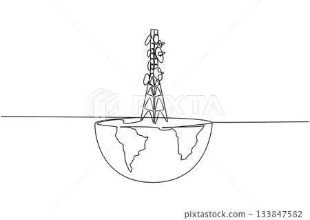 Single one line drawing half globe cutout with transmitter tower on top. Technology needs. Radio. Data. World Telecommunication and Information Society Day. Continuous line design graphic illustration 133847582