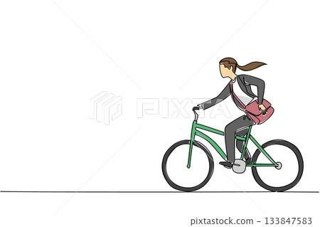 Single one line drawing businesswoman in blazer riding a bicycle while carrying a briefcase. High speed mode. Lifestyle. Biker. National Bike to Work Day. Continuous line design graphic illustration 133847583