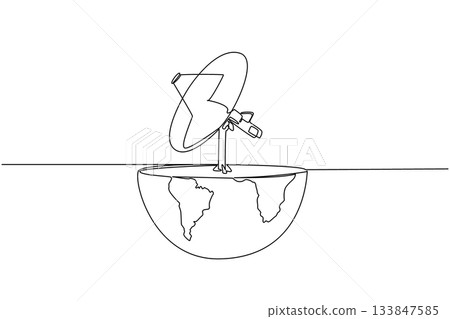 Single continuous line drawing half globe cut with satellite receiver on top. Stable signal from space. Tech. World Telecommunication and Information Society Day. One line design vector illustration Single continuous line drawing half globe cut with satellite receiver on top. Stable signal from space. Tech. World Telecommunication and Information Society Day. One line design vector illustration 133847585