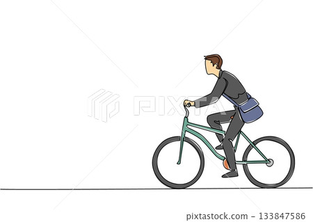 Single continuous line drawing businessman in suit and tie riding a bicycle while carrying a briefcase. Keep fit. Stay healthy. Biker. National Bike to Work Day. One line design vector illustration 133847586